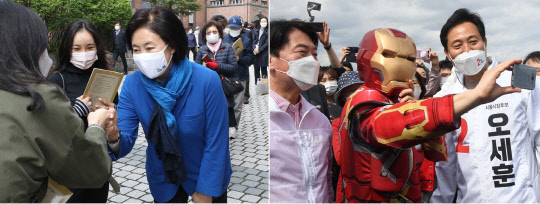 박영선 민주당 서울시장 후보(왼쪽)와 오세훈 국민의힘 서울시장 후보. 국회사진기자단=연합뉴스